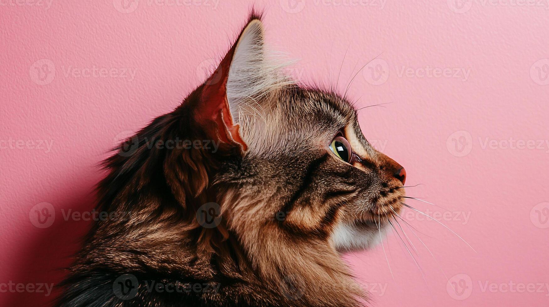 Side profile of a tabby cat against a pink background photo