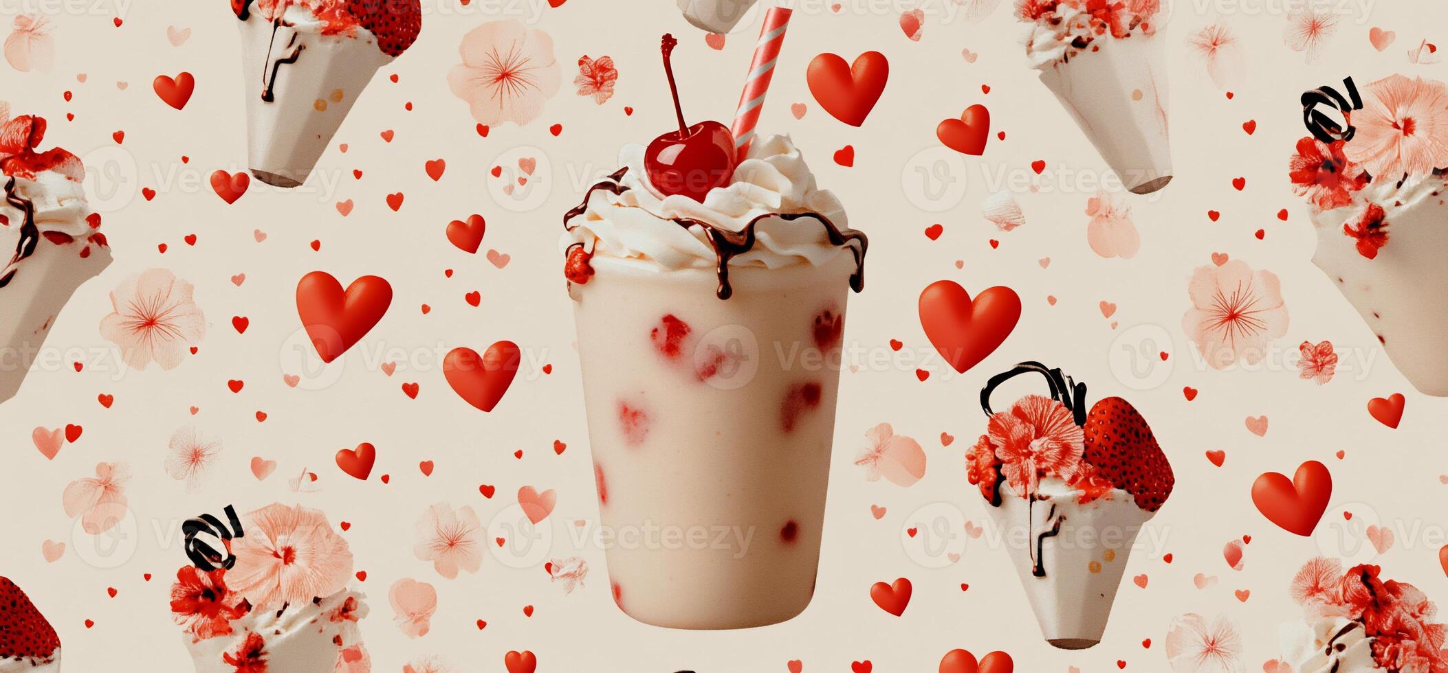 A pattern of hearts and ice cream with a cherry on top photo