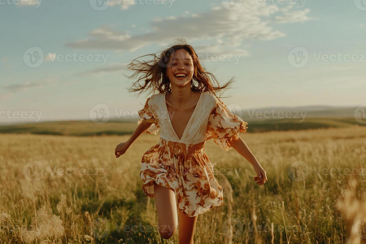 Joyful girl running in a field photo