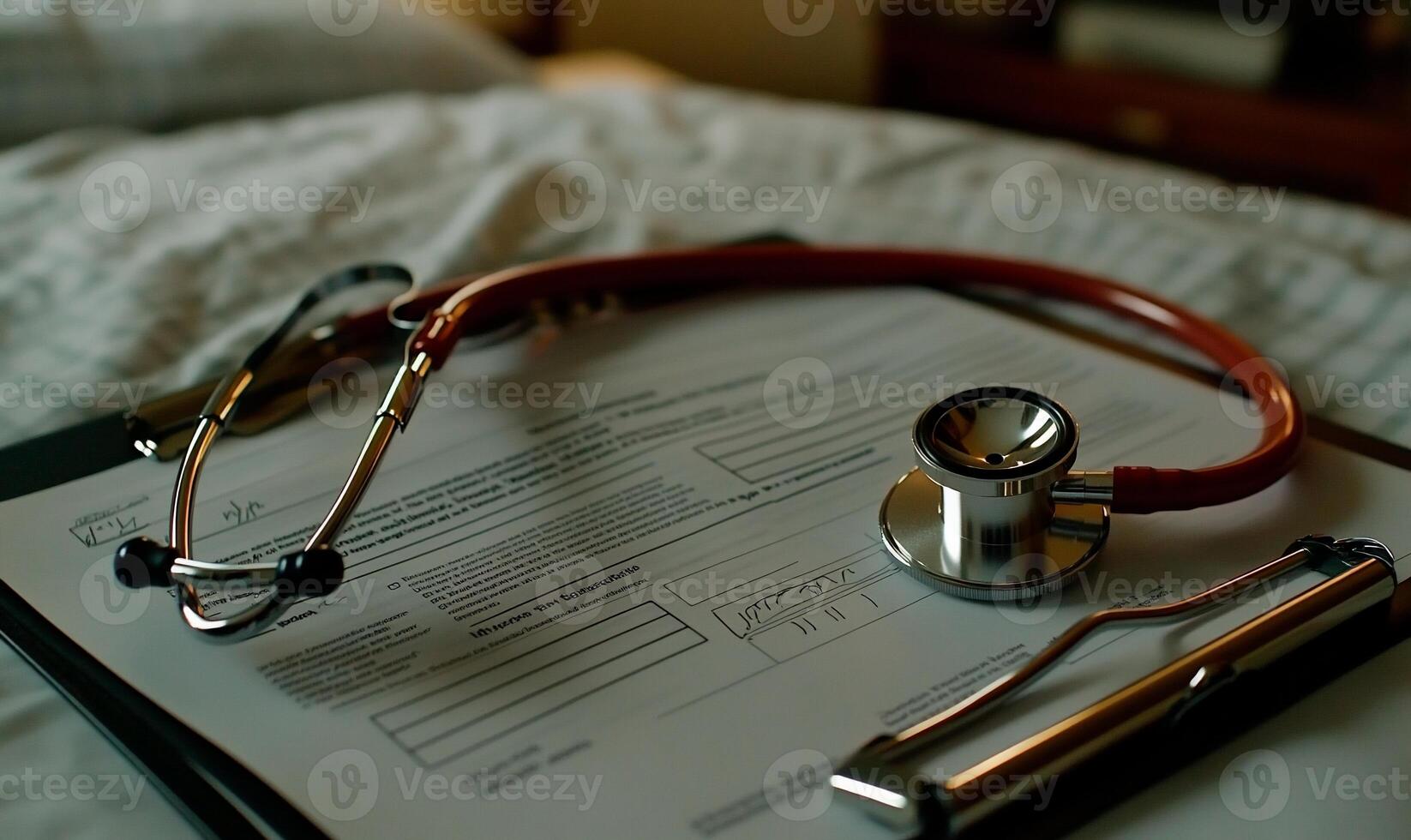 Medical paperwork and stethoscope on a bed photo