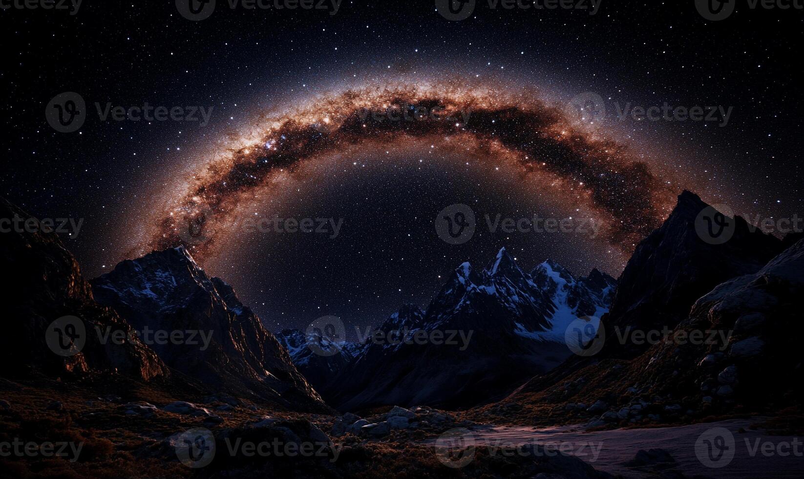 Milky Way arches over snow-capped mountains photo