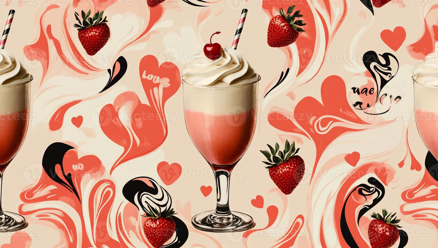 Strawberry milkshake pattern with hearts and swirls photo