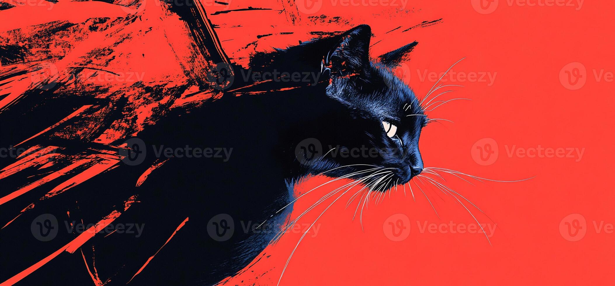 Black Cat Portrait on Vibrant Red Background photo