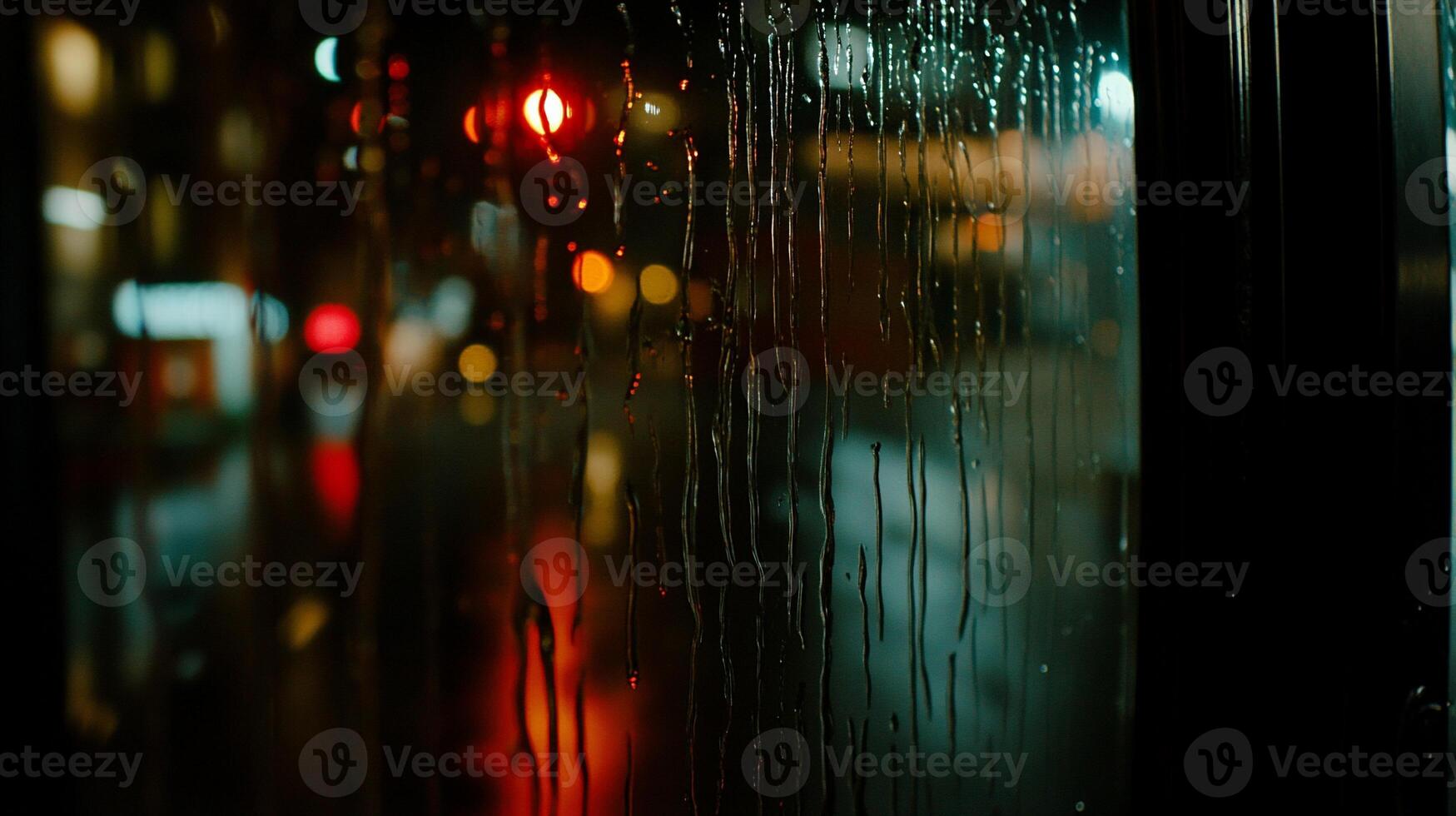 Rainy night city view through a window photo