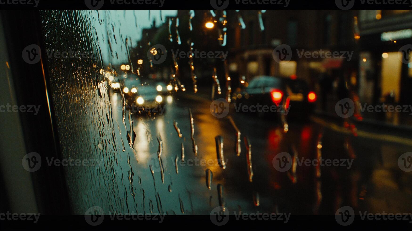 Rainy city street view through a bus window photo