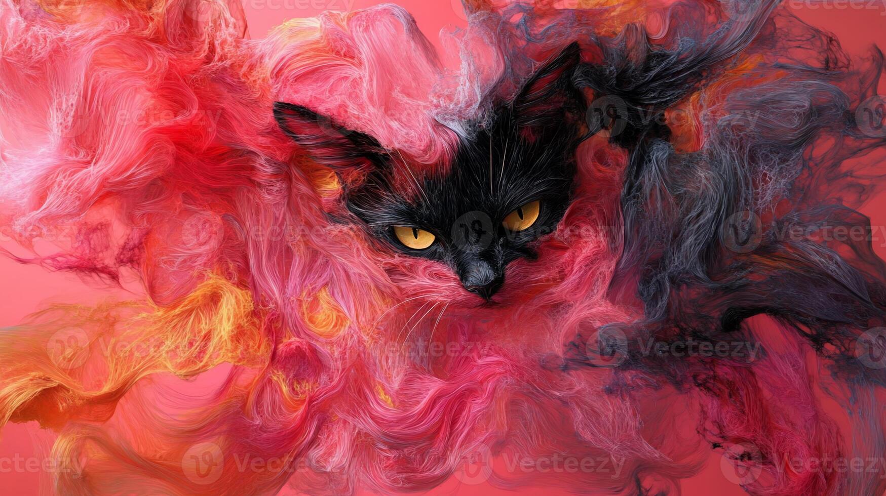 Abstract cat portrait in vibrant colors. A black and white cat's head is enveloped in swirling, colorful ink, creating a dynamic and artistic image photo