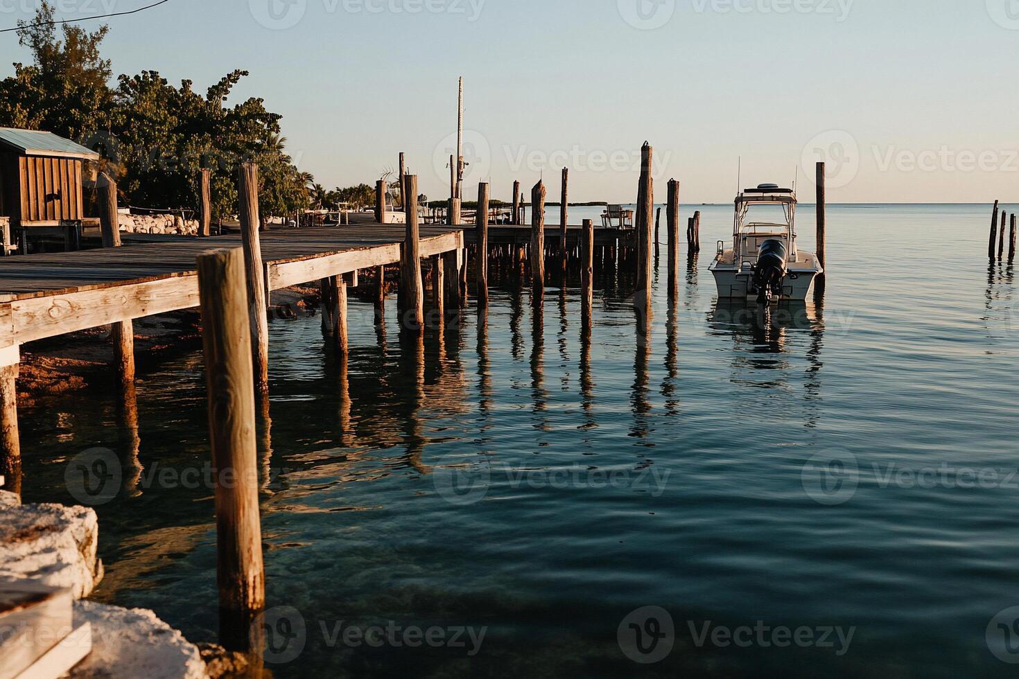 Sunrise dock with small boat. Wooden piers over calm water photo