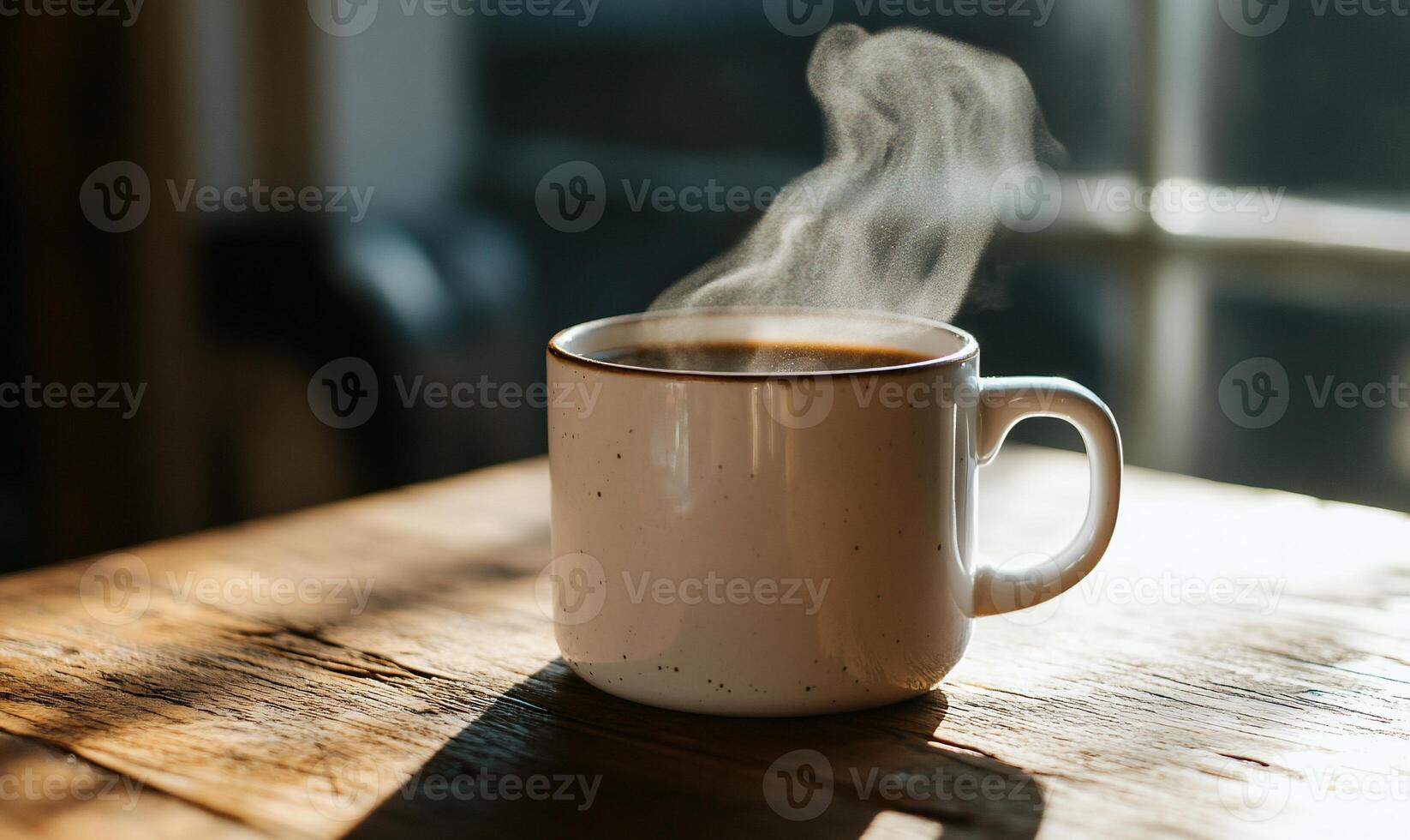 Steaming cup of coffee on a wooden table photo