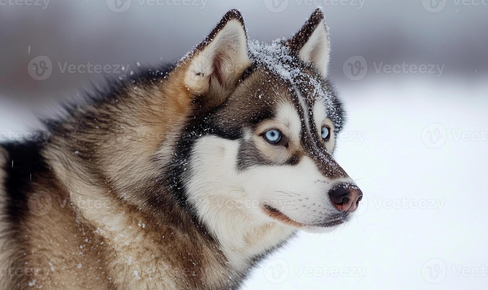 A husky dog with blue eyes standing in the snow photo