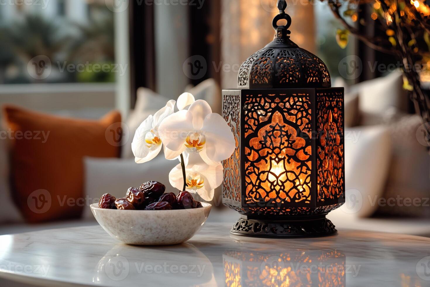 Dates, orchids, and lantern. A Ramadan setting photo