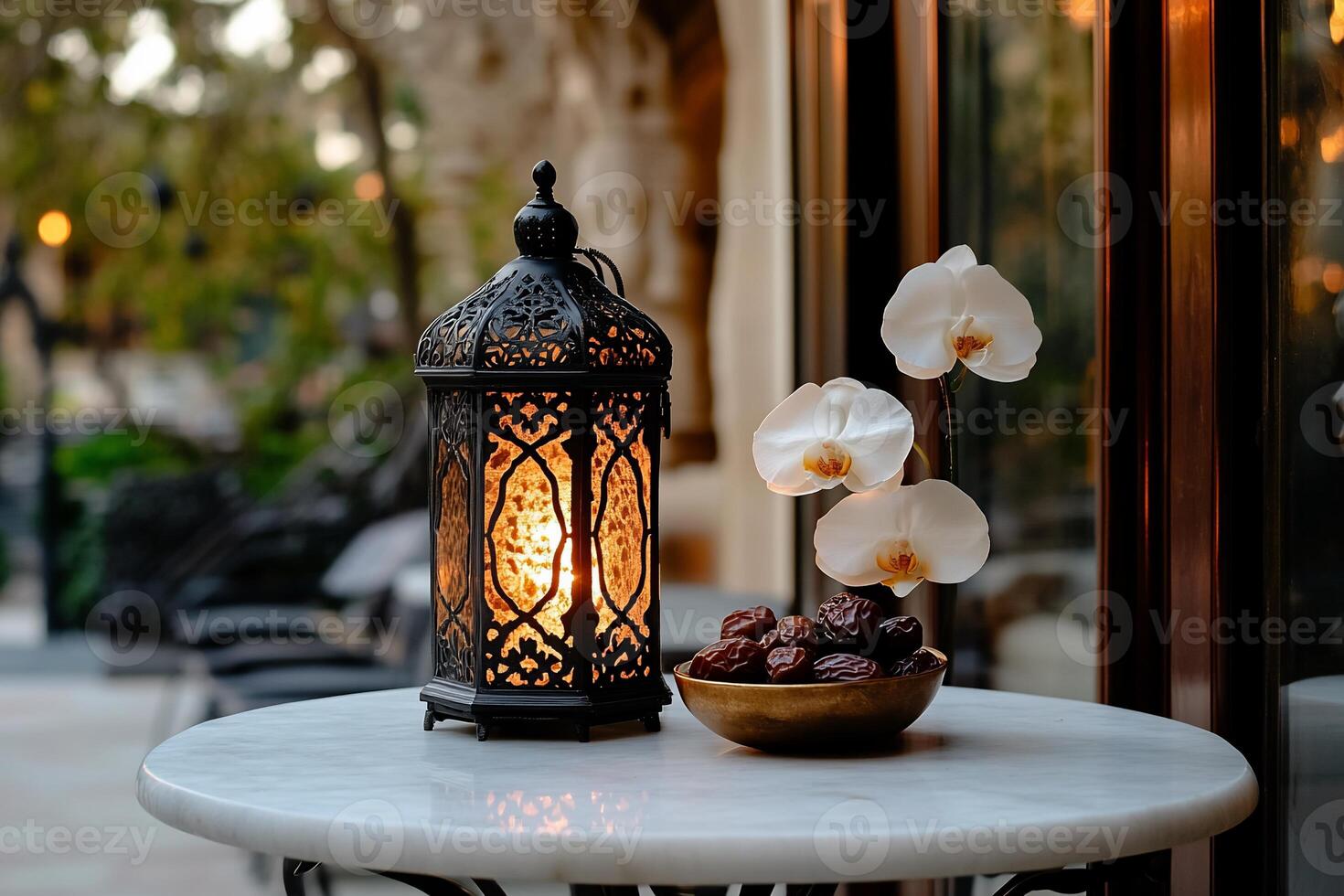 Ornate lantern, dates, and orchids on a patio table photo