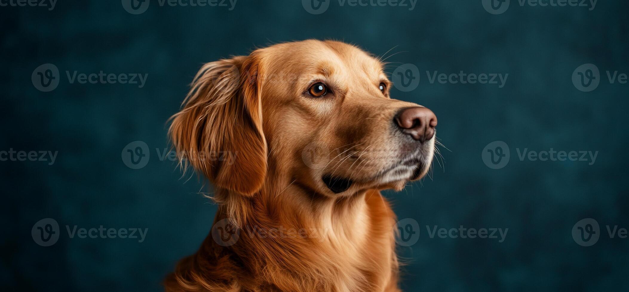 A golden retriever dog is looking up at the camera photo