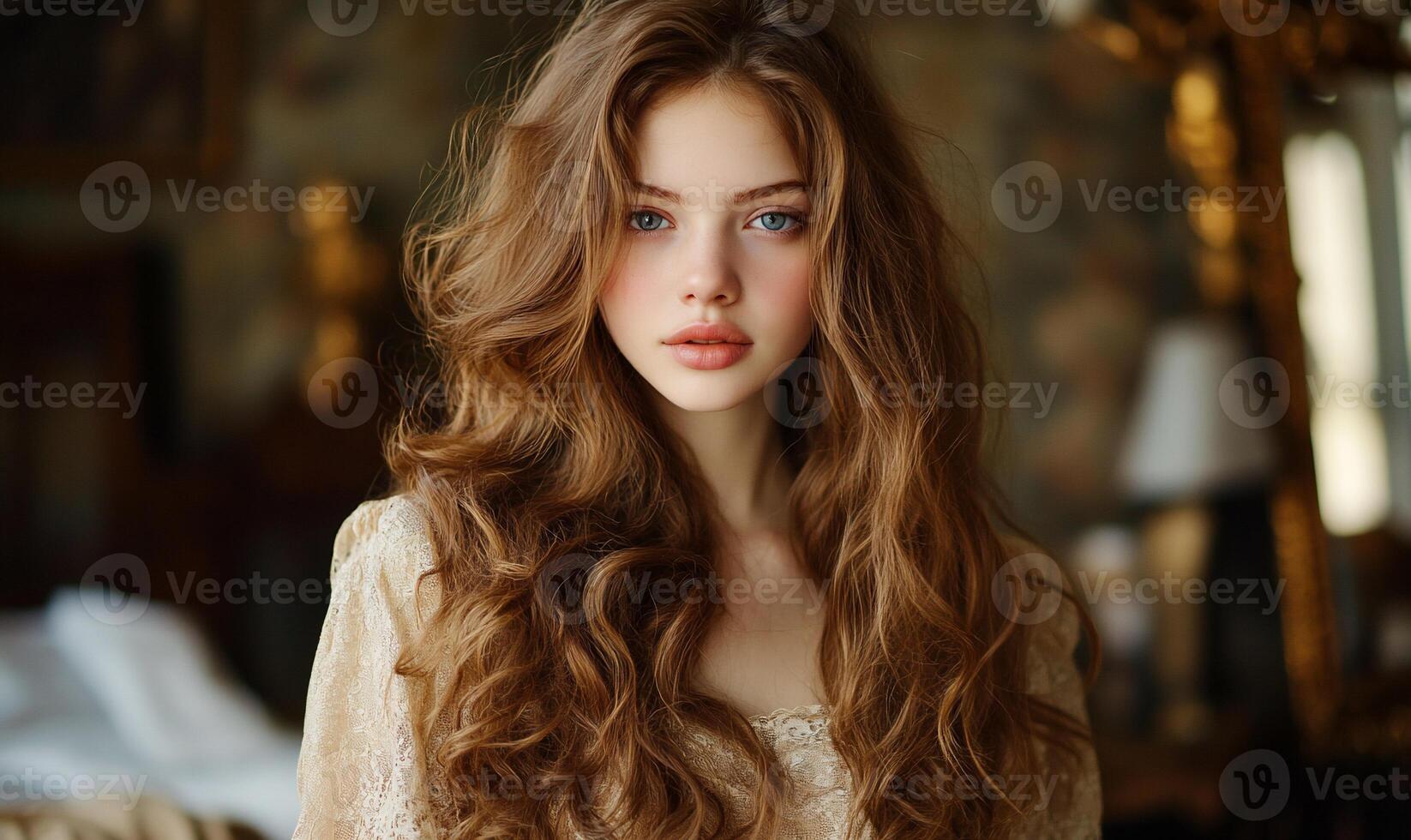 Beautiful woman with long, wavy hair photo