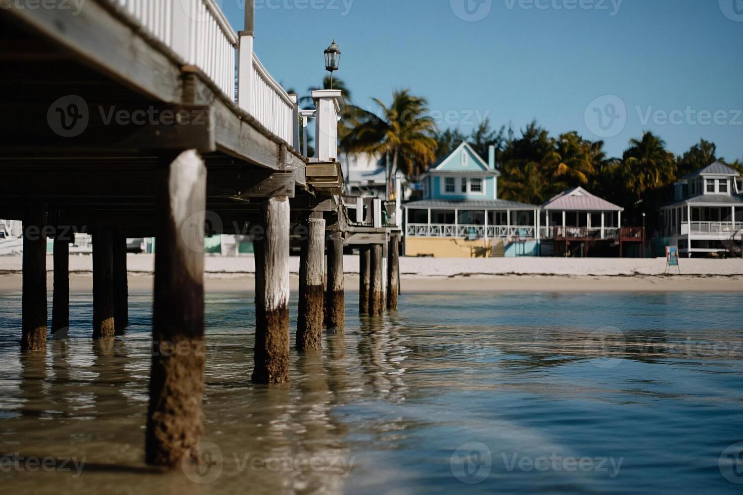 Coastal boardwalk pier over calm turquoise water, leading to colorful houses photo