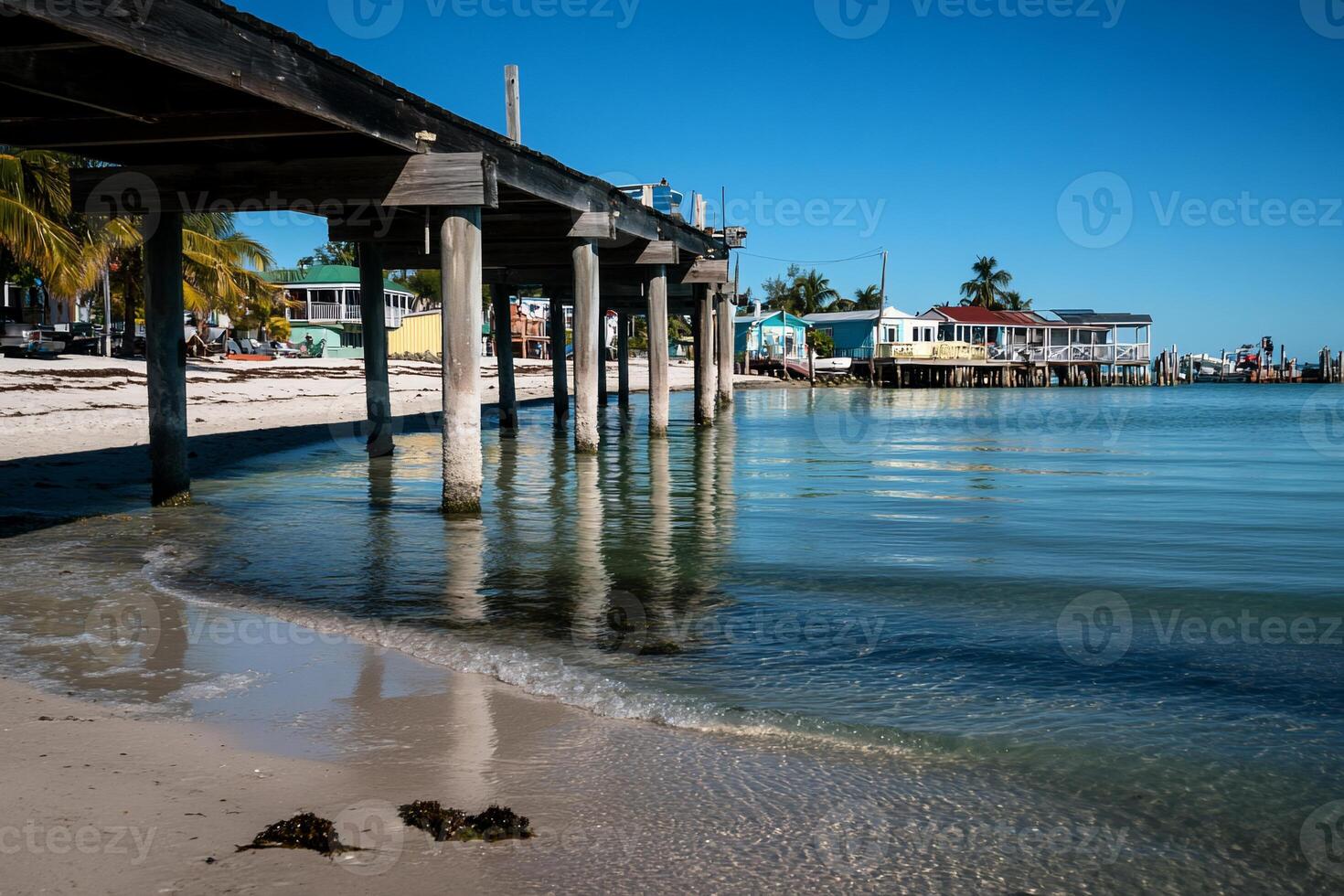Wooden pier over tranquil beach. Clear turquoise water reflections photo