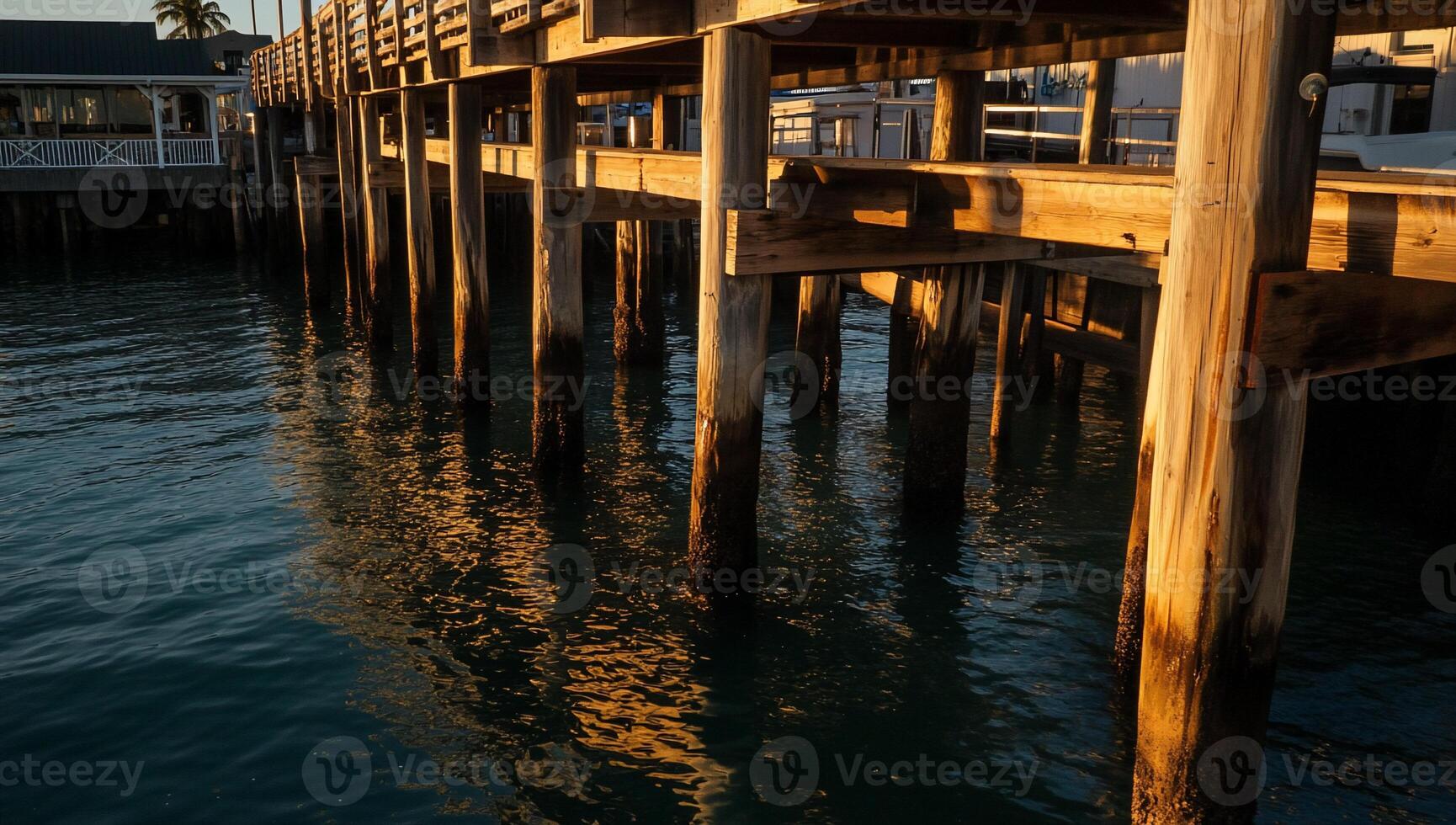 Wooden pier pilings reflecting sunlight on calm water photo