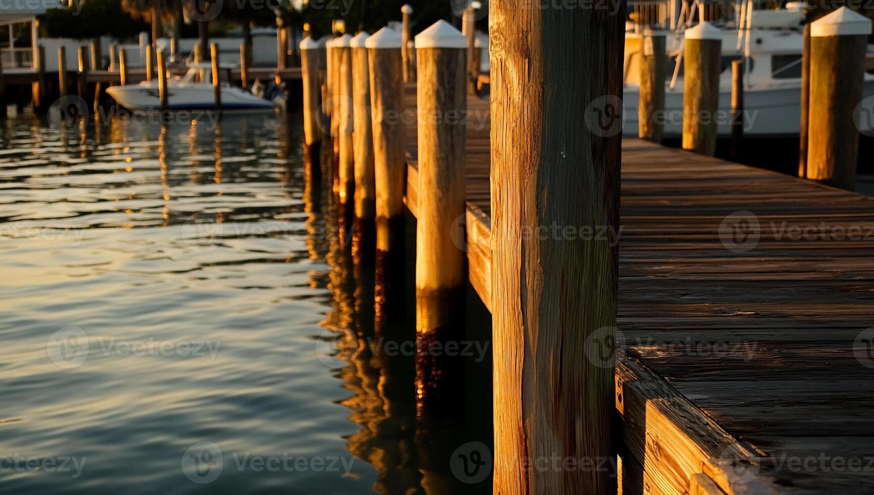 Wooden dock at sunset over calm water photo