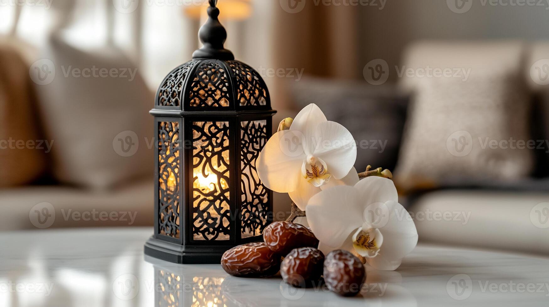 Ramadan lantern, dates, and orchids on a table photo