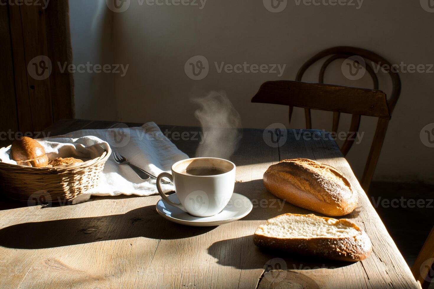 Warm coffee and bread on a rustic table. Sunlight streams in, highlighting the breakfast photo