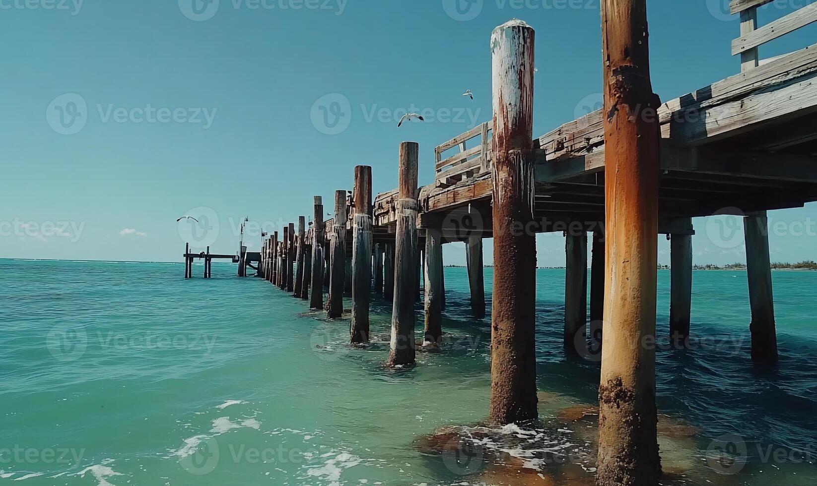 Wooden pier extending into turquoise water photo
