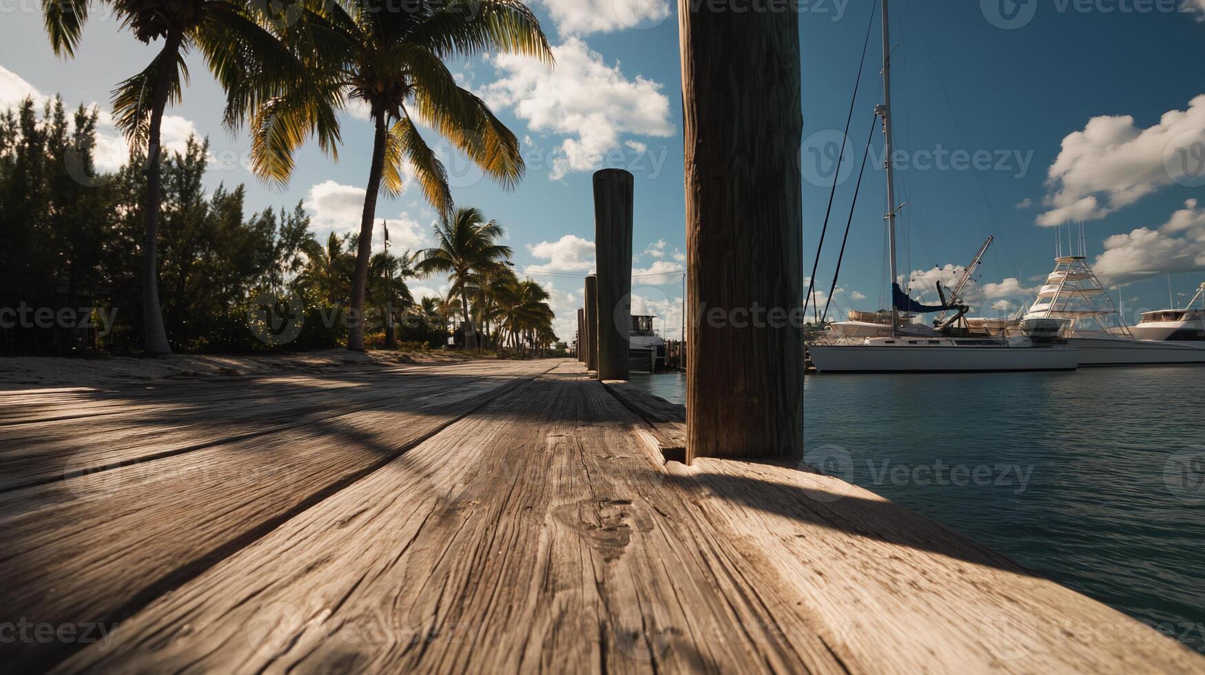Wooden dock leading to yachts. Tropical scenery photo