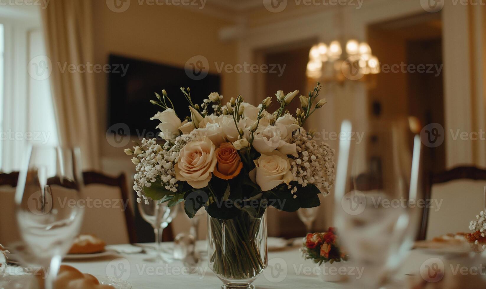 Elegant floral centerpiece on a dining table. A beautiful bouquet of peach and white flowers in a clear glass vase sits on a table with fine china and glassware, hinting at a formal event photo