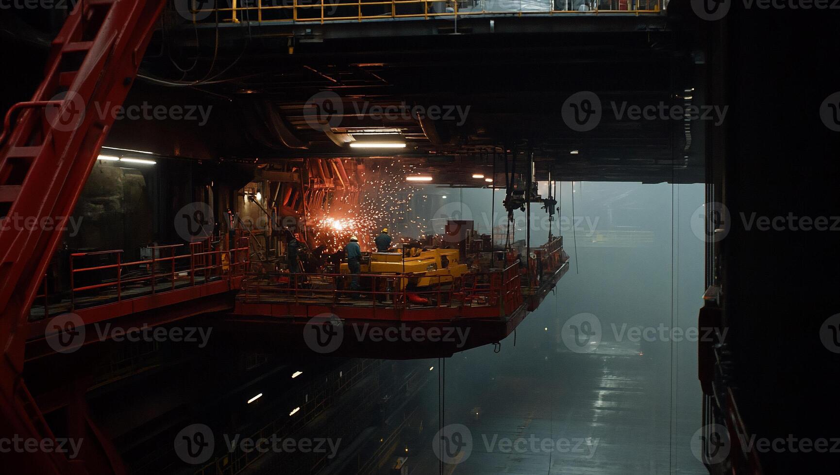 A view of a factory with workers working on a machine photo