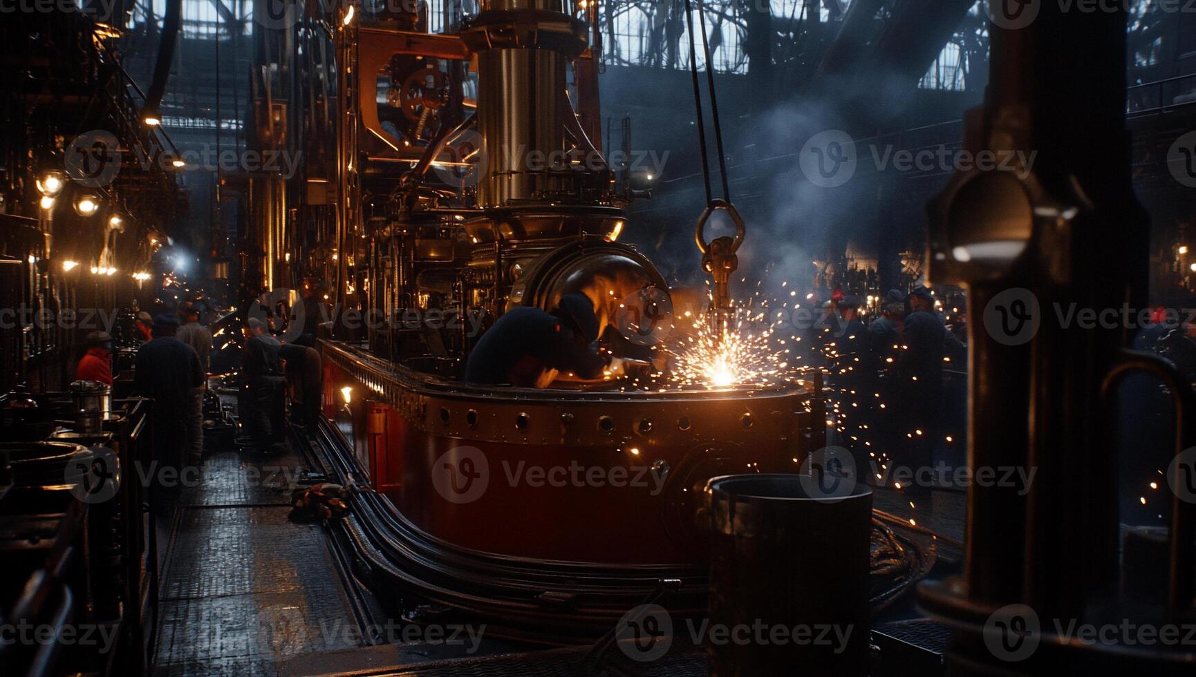 Steam engine repair in a historical workshop. Workers weld and maintain a large, ornate engine. Sparks fly in the dimly lit, busy space photo