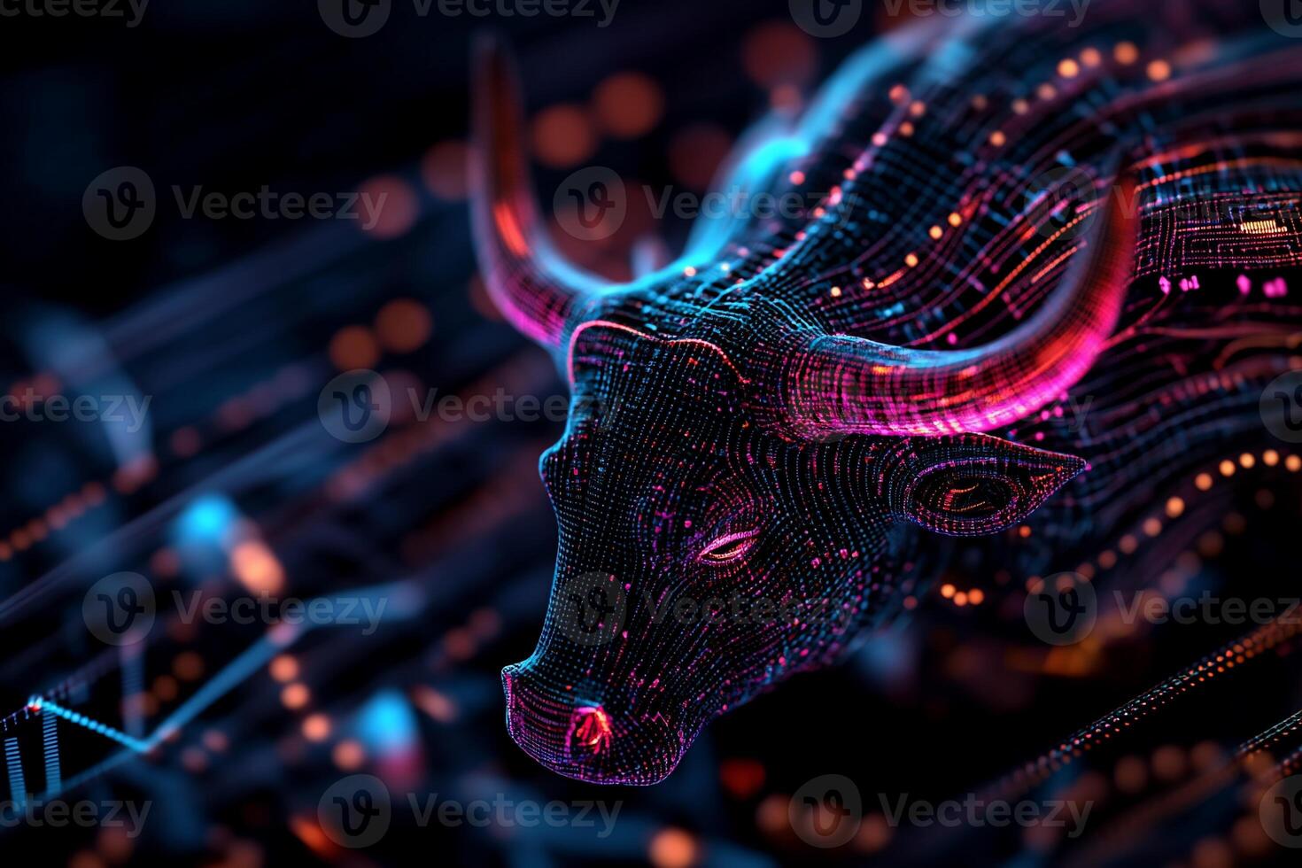 Digital bull market. A futuristic bull made of glowing data points photo