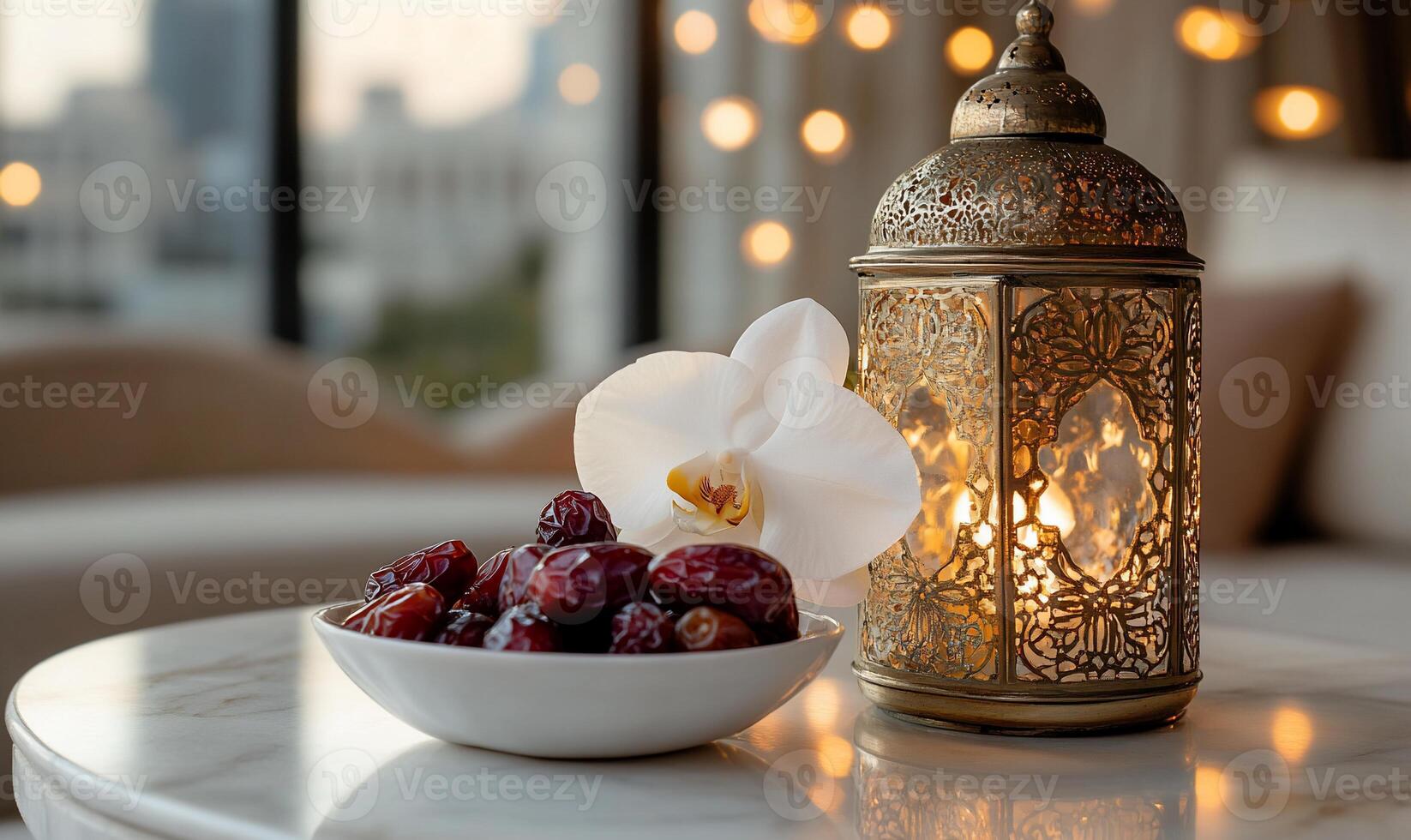 Dates, lantern, and orchid on a marble table photo