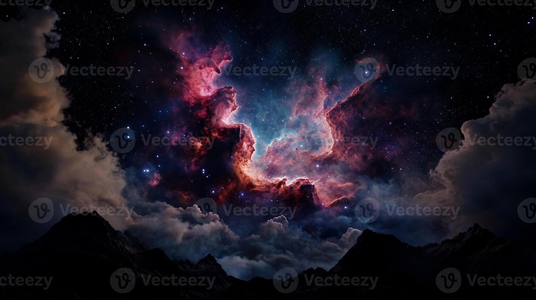 Majestic nebula cloaked by mountains and clouds in the night sky photo