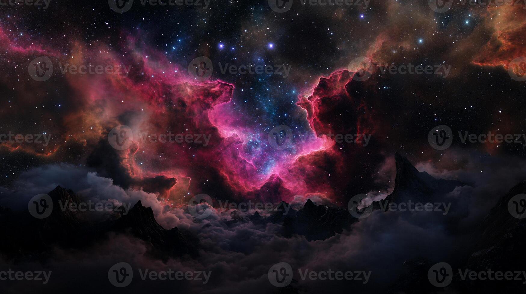Cosmic Nebulae Above Misty Mountains photo