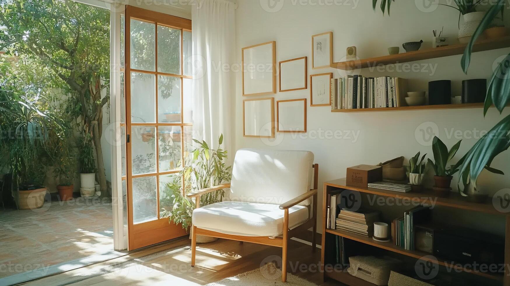 Sunny indoor-outdoor living area with natural light, comfortable seating, and wooden shelving photo