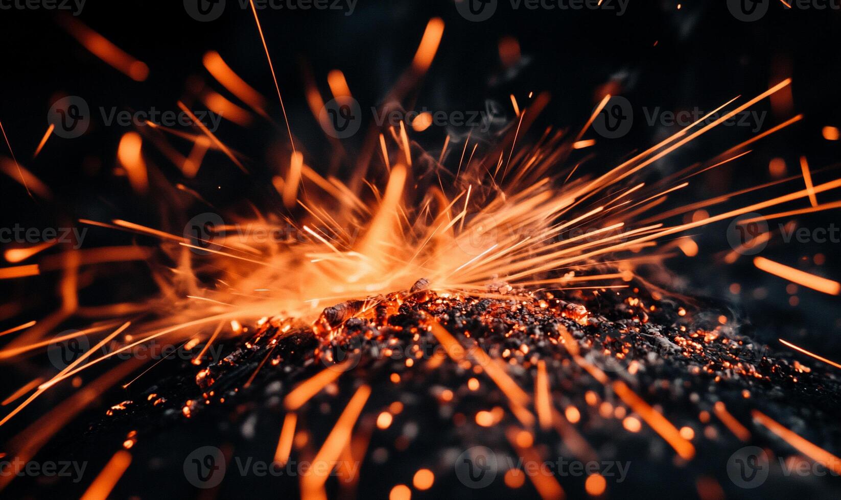 Fiery sparks erupting from burning embers. A close-up view of intense heat and light photo