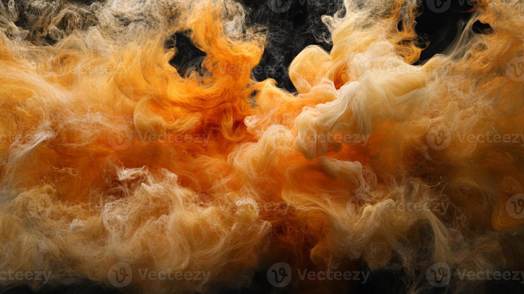 Abstract swirling orange and cream colored smoke in dark background. Fluid art, paint explosion in water, dynamic movement photo