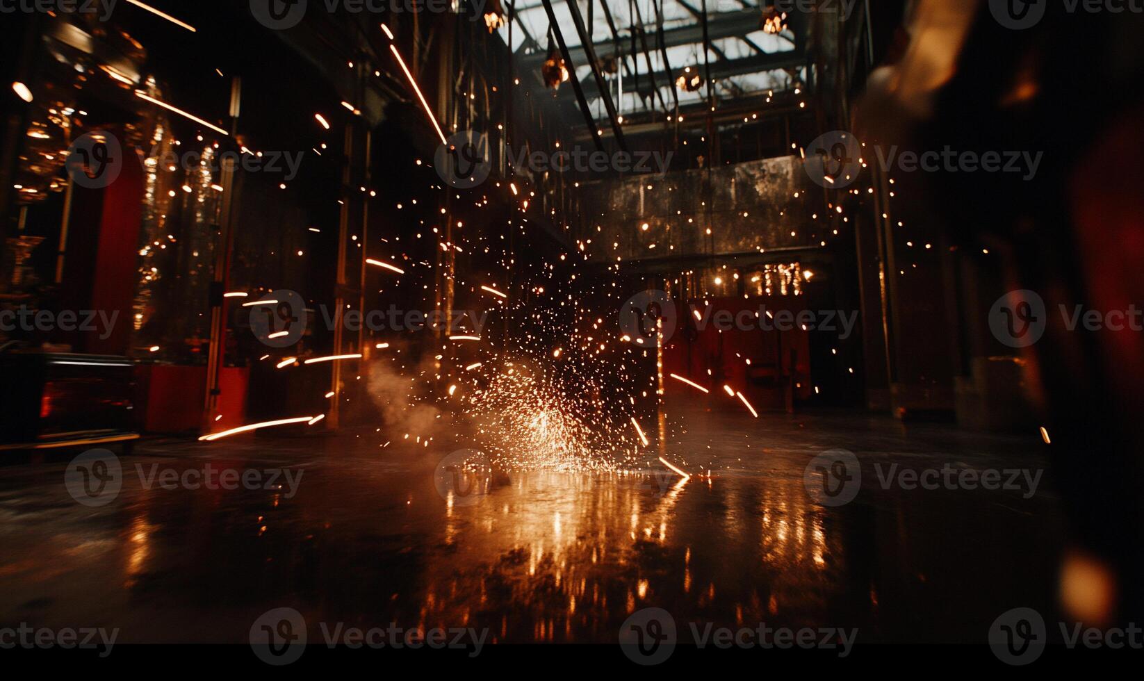 Industrial Sparks. Dramatic interior scene filled with sparks, smoke, and reflections on a dark floor, creating an atmospheric and dynamic image of a metalworking or manufacturing environment photo