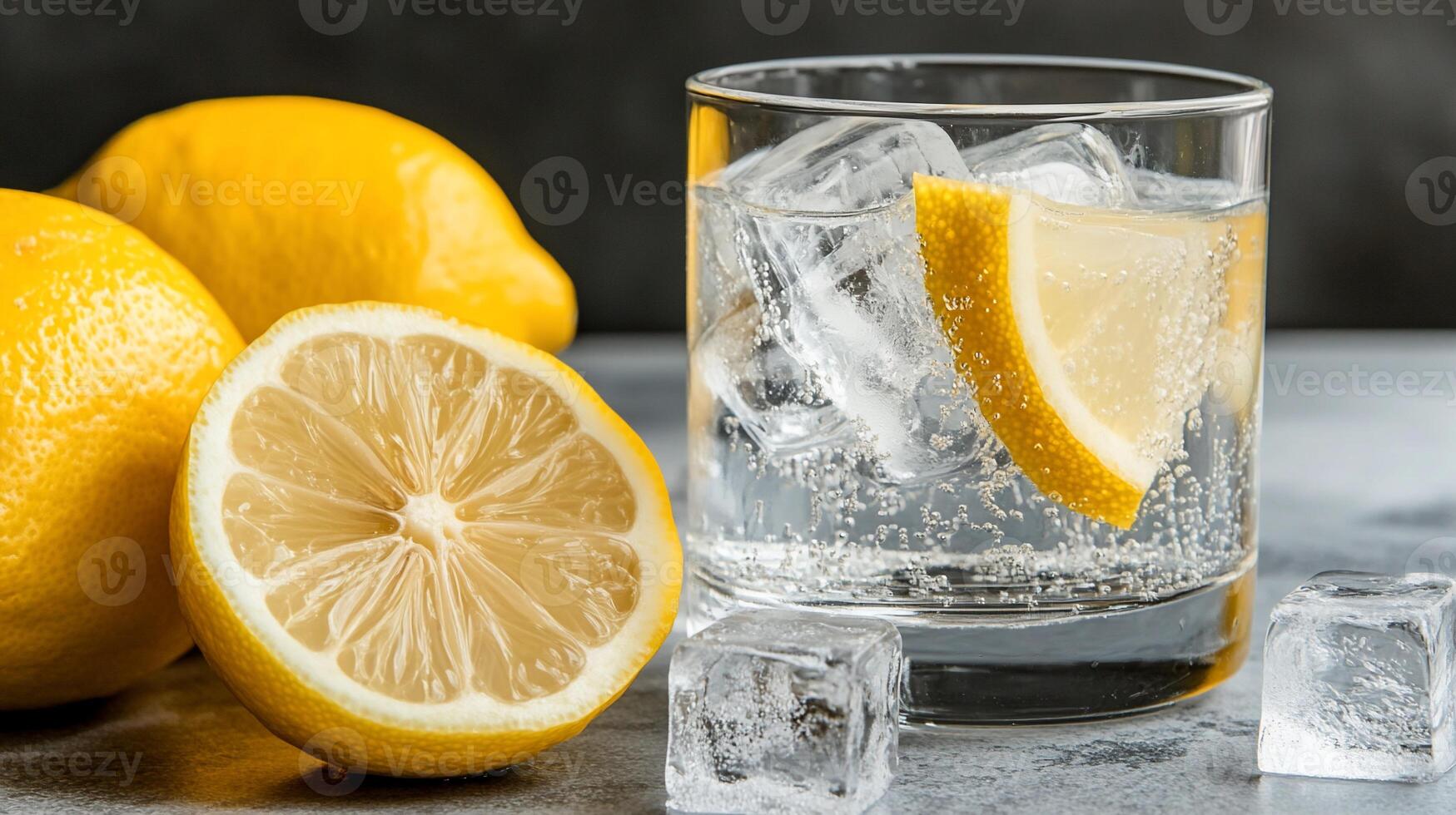 Refreshing lemon and ice drink in a glass photo