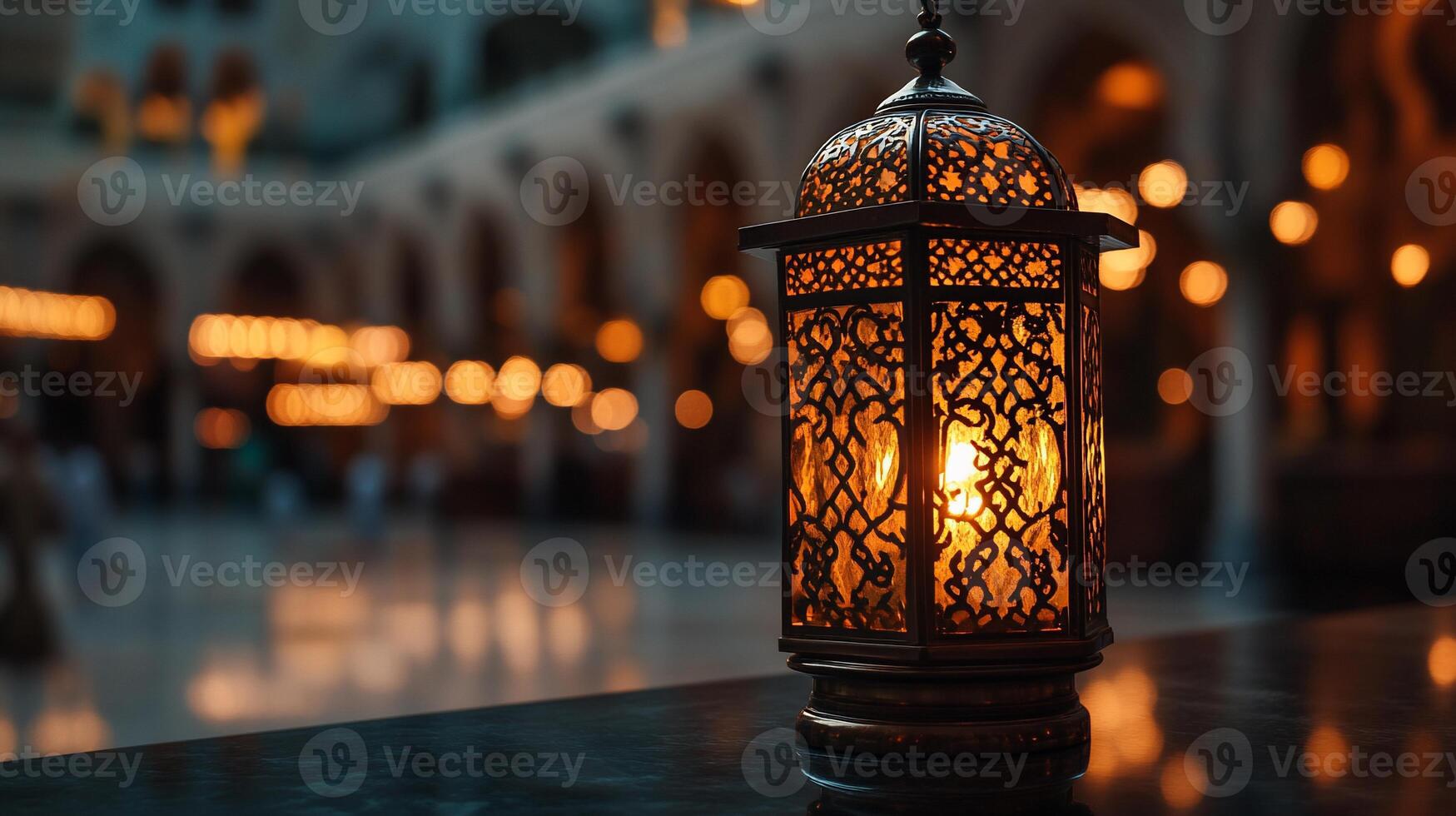 Ornate lantern illuminates a mosque courtyard at dusk. Warm, golden light spills from decorative metalwork photo