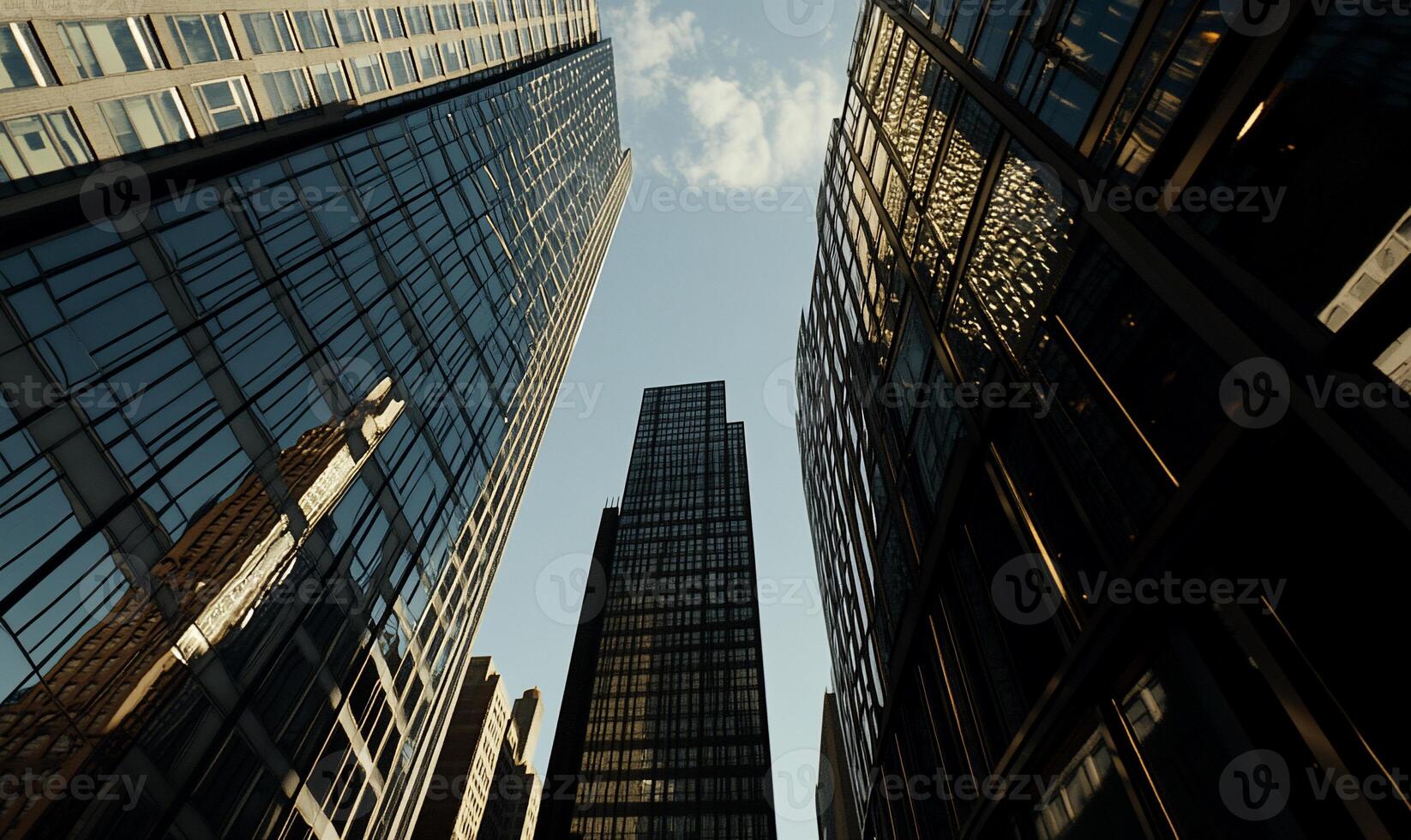 A view of tall buildings from the ground photo