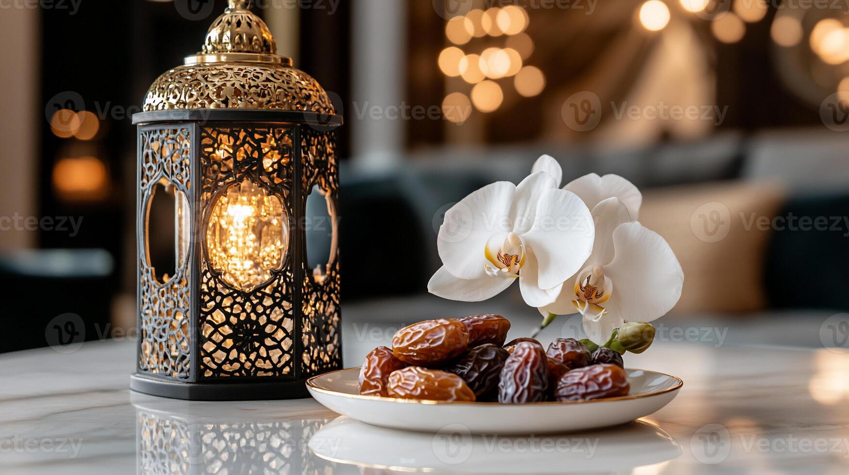 Elegant Ramadan centerpiece. Dates and lantern photo