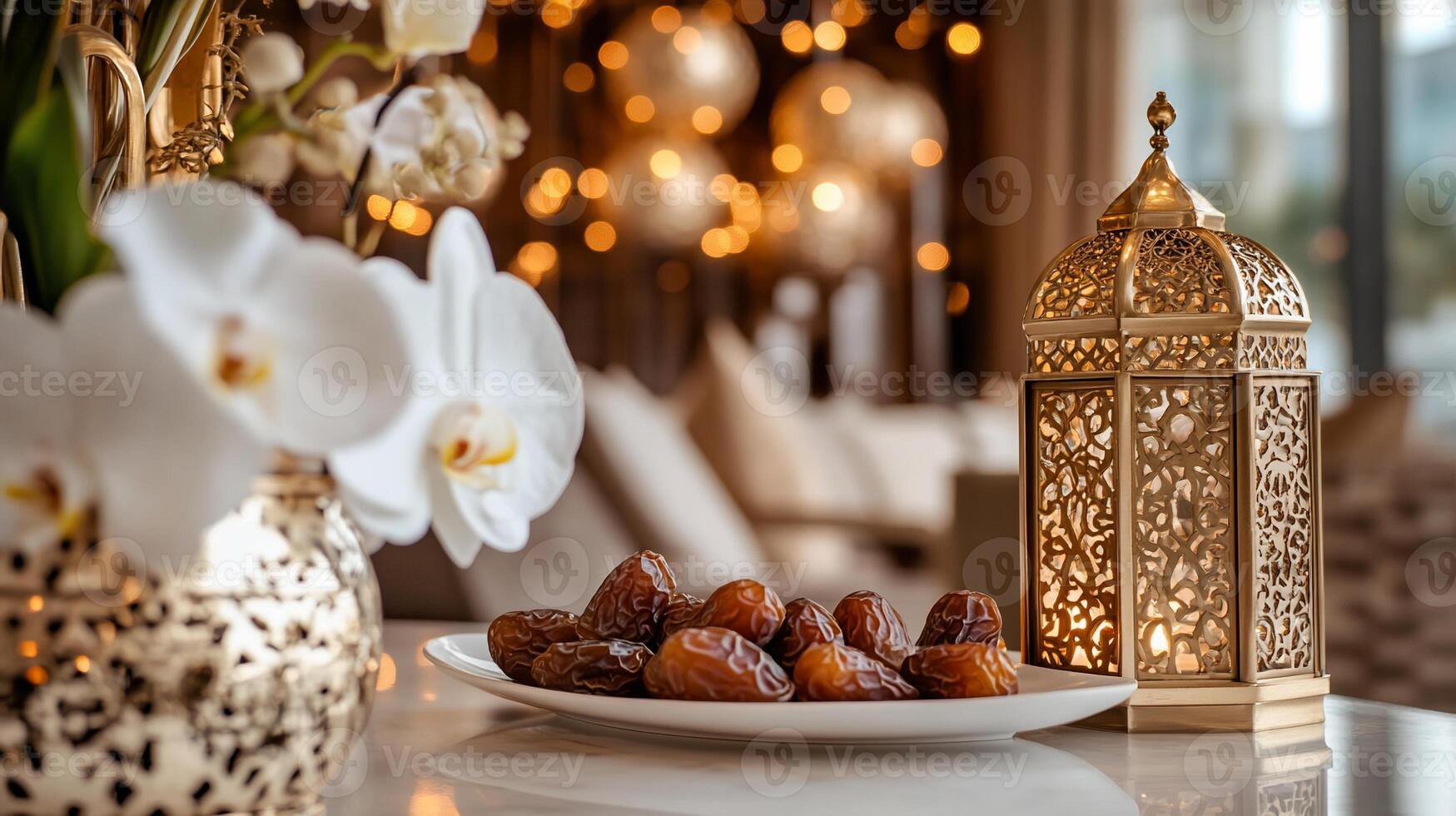 Dates on a plate, adorned with flowers and lanterns, in a luxurious setting photo