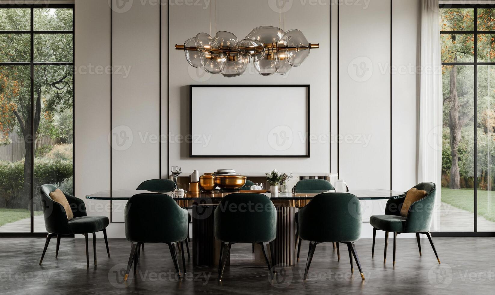 Modern dining room with a large empty canvas framed above a glass-top table. Luxurious dark green velvet chairs surround the table photo