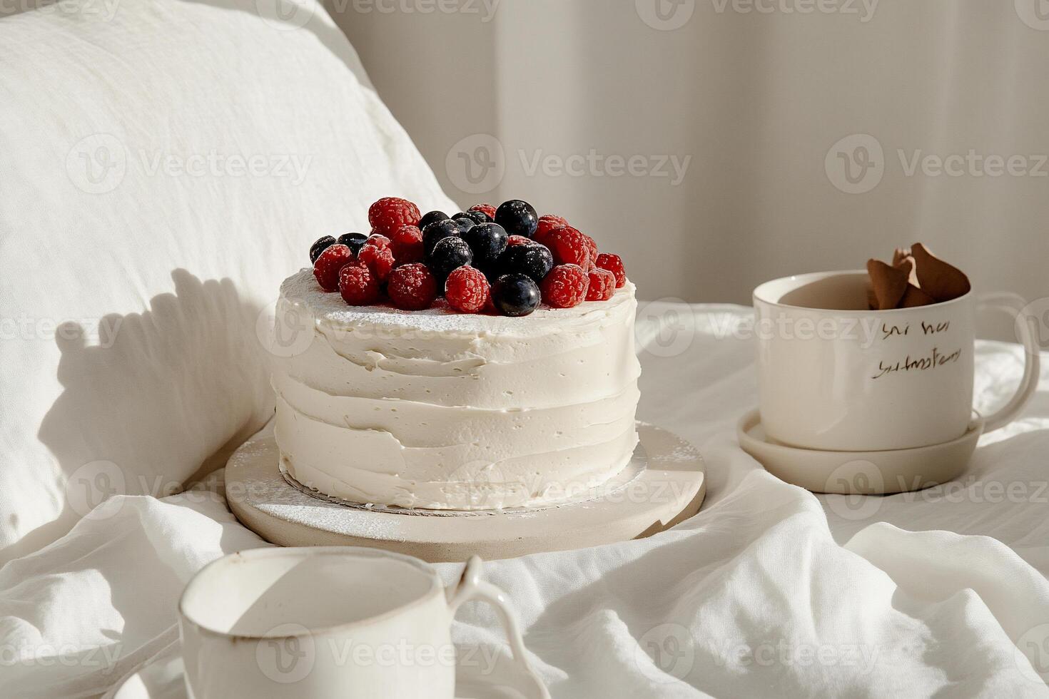 Simple, elegant cake on a bed photo