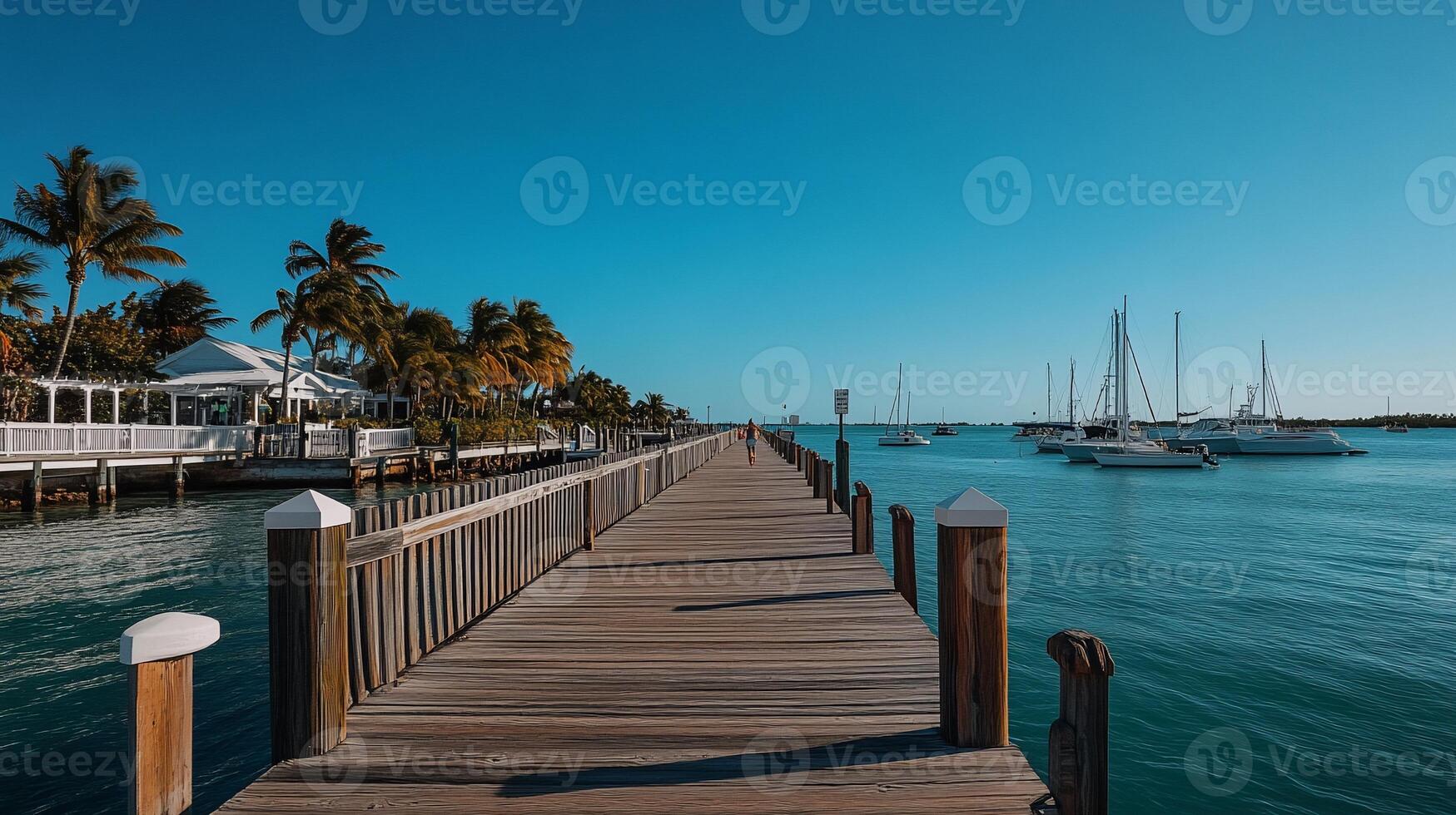 Tranquil waterfront boardwalk extending into a turquoise bay, with palm trees and tropical buildings lining the shore. A person walks along the pier, towards a marina with sailboats photo