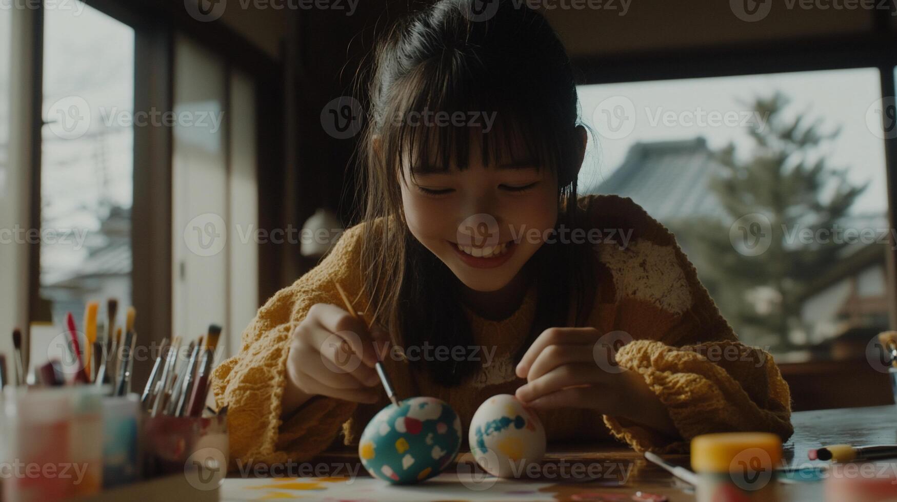 Smiling girl decorates Easter eggs. Focused on craft, creativity, and family fun photo