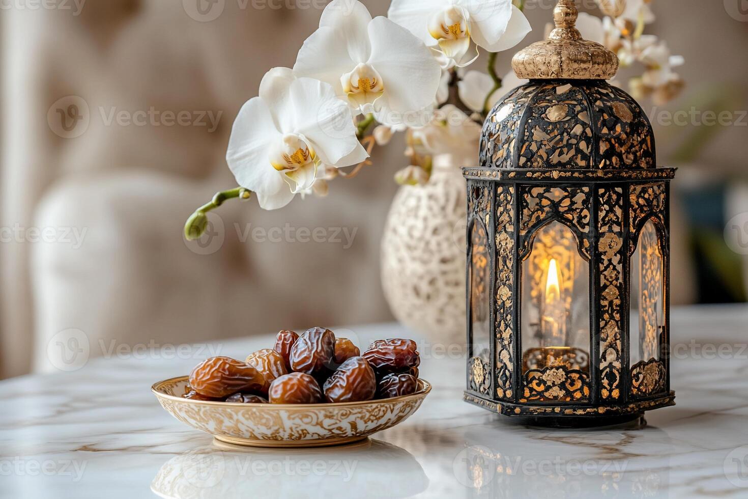 Dates and orchid in a lantern photo