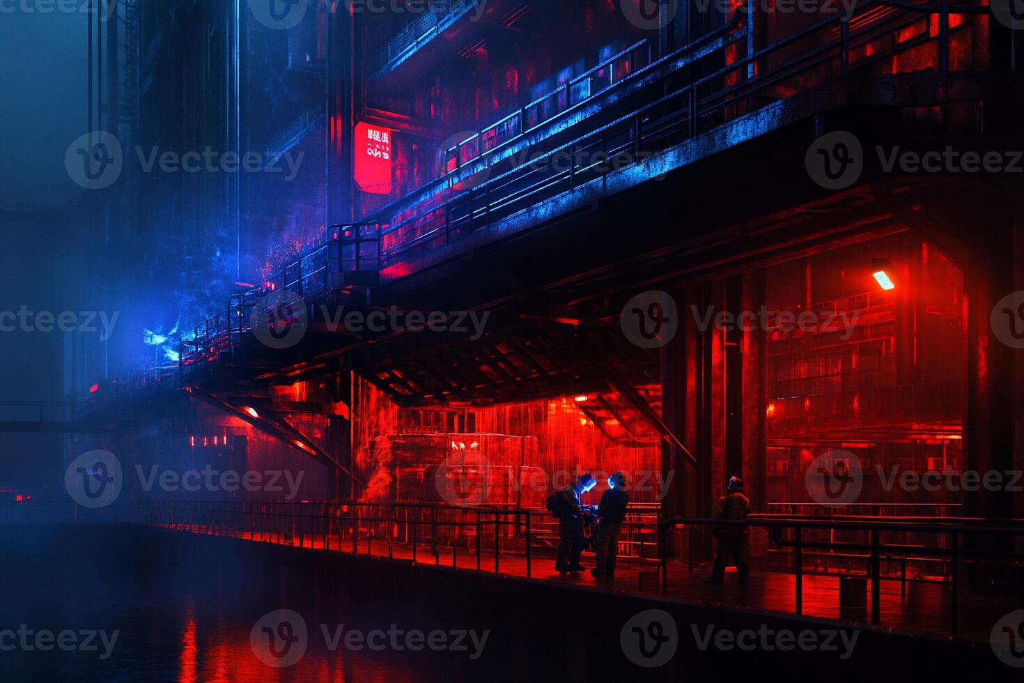 A futuristic city with red lights and a man walking on the bridge photo