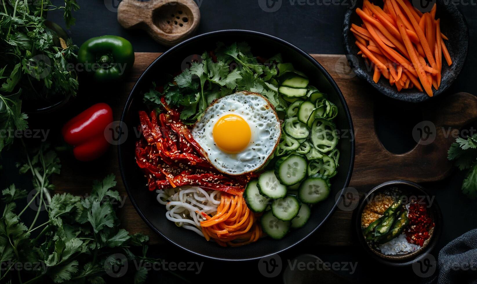 Vibrant bowl of bibimbap with fried egg, vegetables, and noodles photo