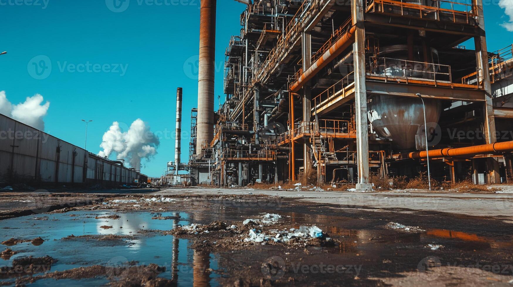 Industrial complex pollution. A large industrial complex with a polluted area in front, showing signs of neglect and environmental damage photo