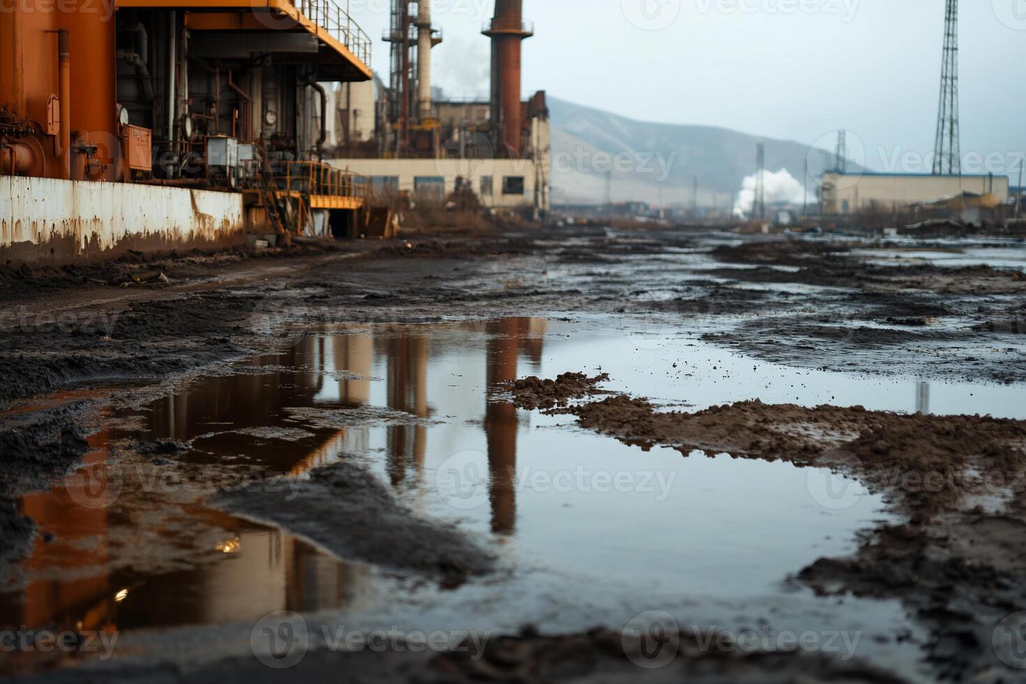 Industrial wasteland, muddy puddles reflecting factory photo